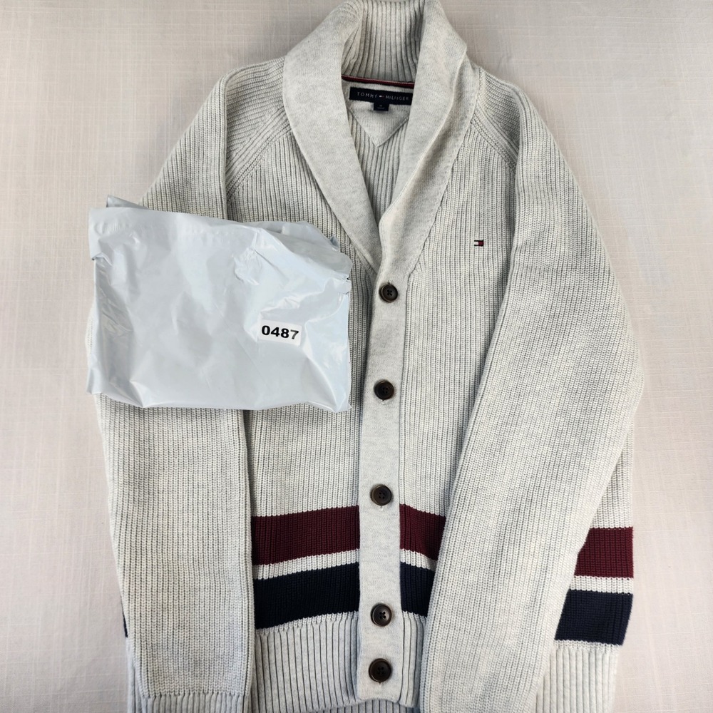 Tommy Hilfiger Cardigan Men Medium Gray Striped Shawl Collar 100% Cotton preppy - Picture 13 of 13